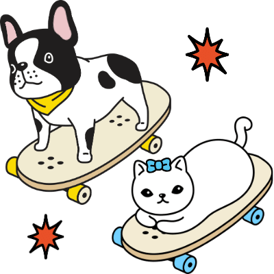 cat and dog impressing & attracting new customers by being cool on skateboard