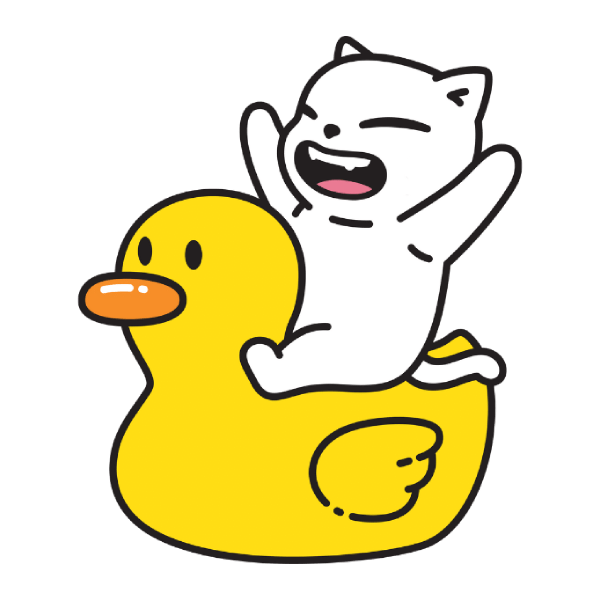 a cat ready to roll on its duck float after a landing page is complete, responsive, tested, polished.